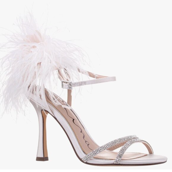 NINA IVORY SATIN HIGH-HEEL SANDALS WITH CLEAR CRYSTALS, FEATHERS AND ANKLE STRAP - Picture 1 of 5